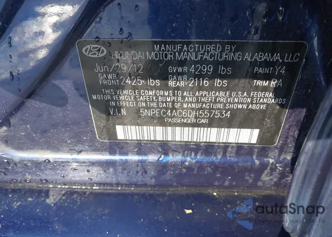 2013 Hyundai Sonata Se из США, поврежденный, VIN 5NPEC4AC6DH557534